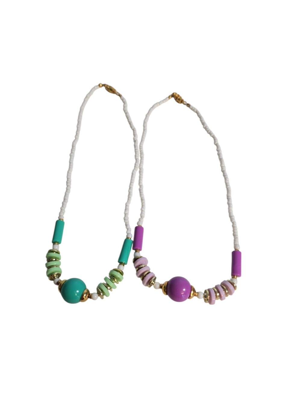 2 Vintage Beaded Choker Necklaces  Green/Turquoise and Purple/Lilac Colored 15"